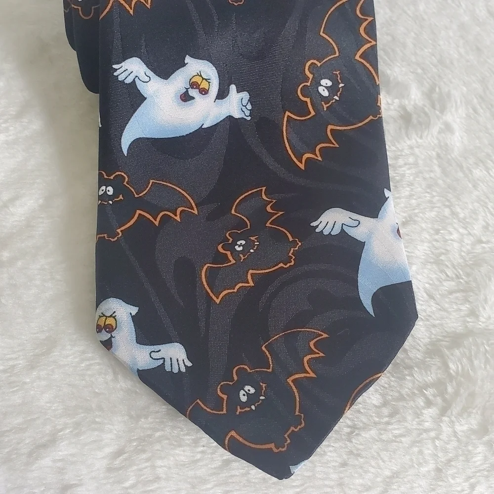 Hallmark Vintage VTG Retro Novelties Halloween Ghost Bat Black Necktie T…